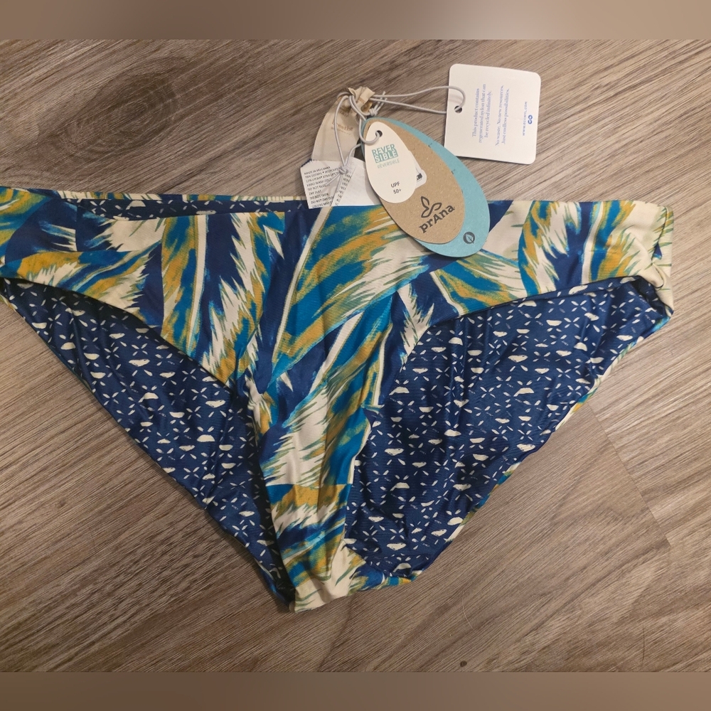 PrAna Blue and Green Patterned Reversible Bikini Bottoms